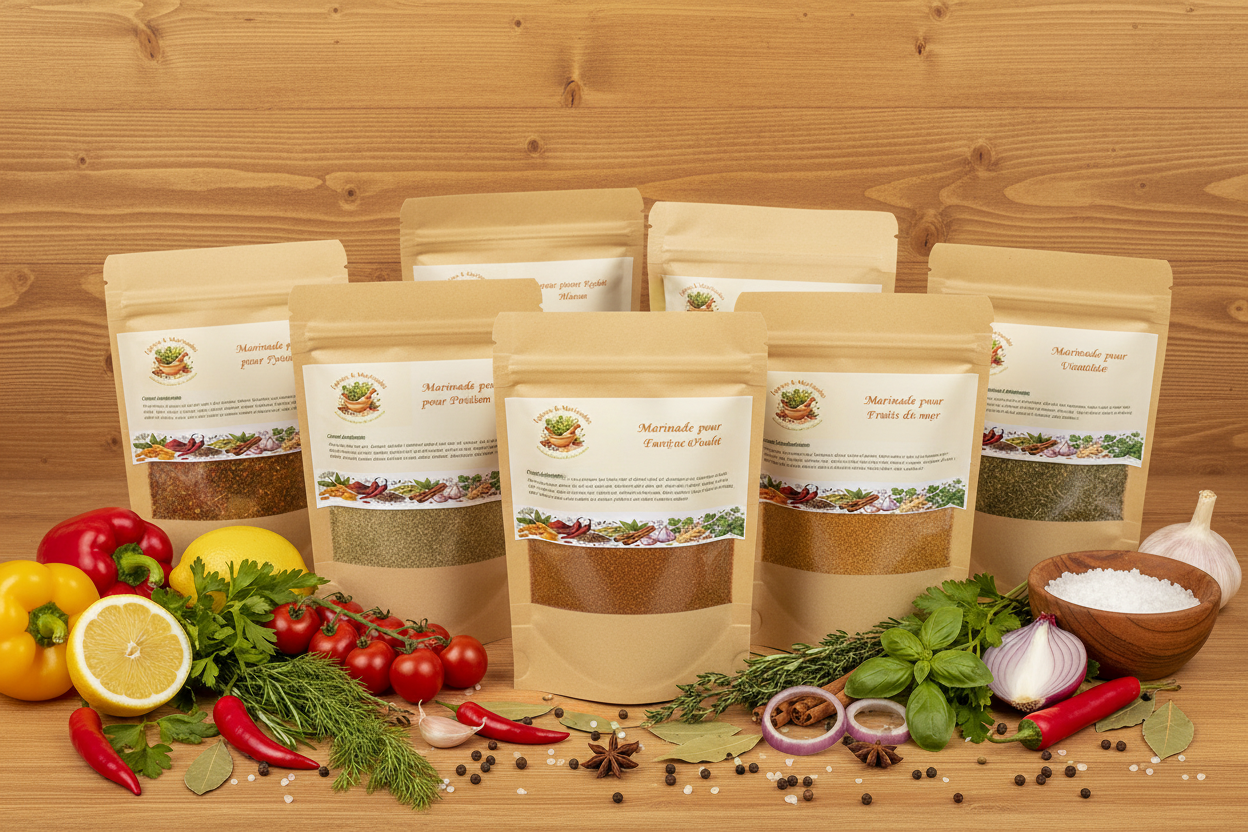 Collection de 7 marinades en arrangement échelonné avec ingrédients frais