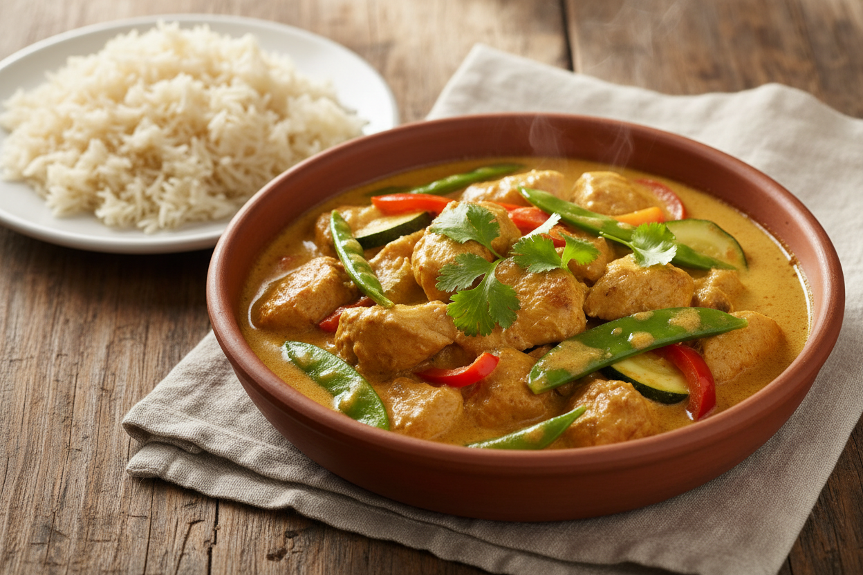 Poulet au curry doux et lait de coco aux légumes
